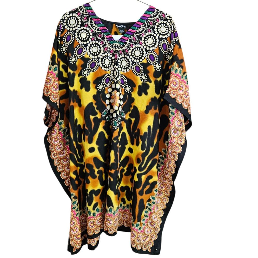 Good Times Caftan Dress One Size Colorful Polyester Kimono Sleeve Cruise Lounge